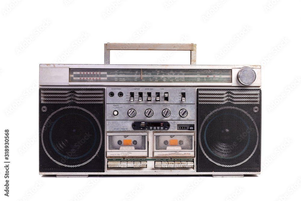 Retro portable stereo radio cassette recorder isolated on white background - obrazy, fototapety, plakaty 