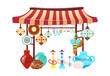 Eastern market tent with handcrafted souvenirs cartoon vector illustration. Oriental bazaar awning with hookahs, handmade accessories flat object. African, turkish marketplace stall isolated on white