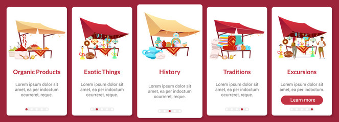 Poster - Bazaar onboarding mobile app screen flat vector template. Asian traditional marketplace, street fair. Walkthrough website steps with isolated characters on white. UX, UI smartphone cartoon interface