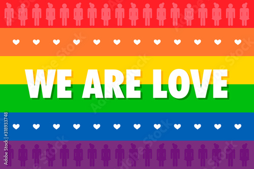 Fotografía We are love, LGBTQ+ illustration, poster for pride month with flag, hearts and people