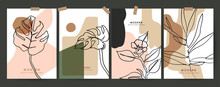 Set Modern Floral Poster. Outline Flower And Plant. Pastel Spots