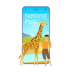 Poster - National park cartoon smartphone vector app screen. Conservation in Africa. Mobile phone displays with flat character design mockup. Animal wathcing application telephone cute interface