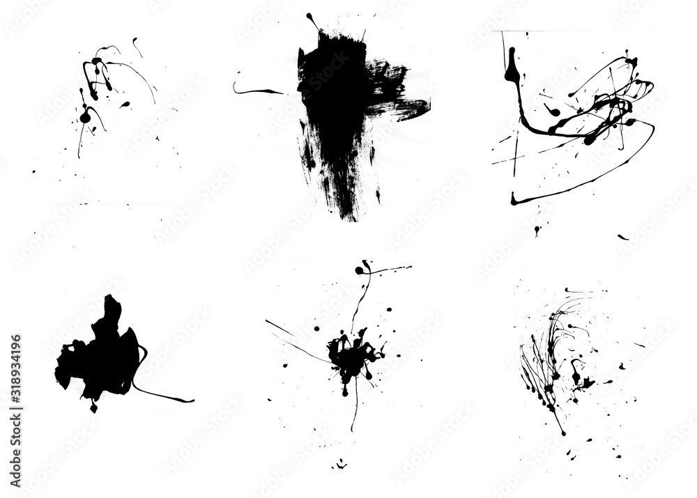 Black ink splashes and drops brushes. Set of black ink brushes - obrazy, fototapety, plakaty 