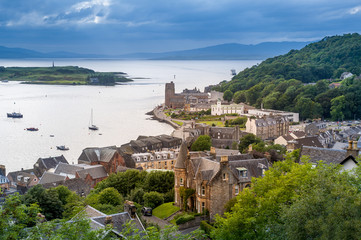 Wall Mural - Oban aerial view from viewpoint at McCaig's tower. Hebrides islands, Scotland.