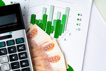 Financial chart with Russian rubles money stack with calculator. Currency appreciation concept