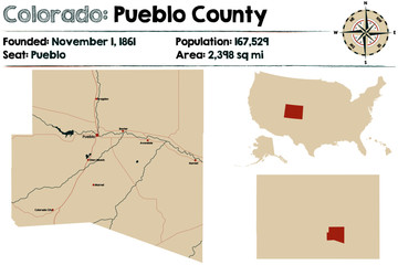  Large and detailed map of Pueblo county in Colorado, USA.