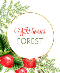 Wild berries forest wreath with watercolor strawberries and green leaves