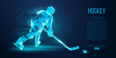 Wall Mural - Abstract silhouette of a hockey player from particles. Dots, lines, triangles text color effects and background on a separate layers. Low poly neon wire outline geometric polygonal vector illustration