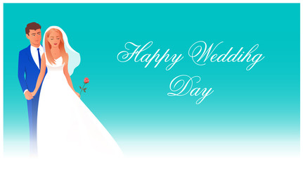 Beautiful bride and groom on a happy wedding day. Stand on a blue background with place for text. For greeting cards and invitations. Vector illustration.