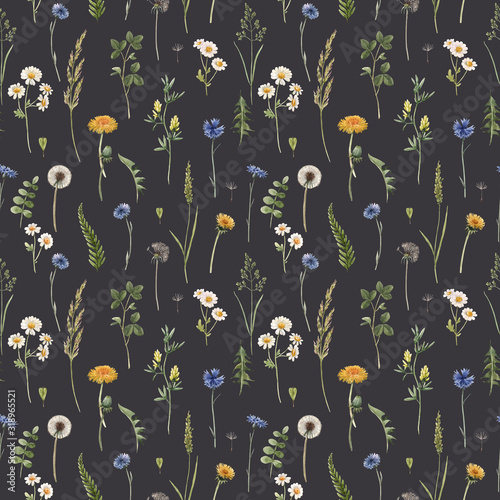 Beautiful floral summer seamless pattern with watercolor hand drawn field wil...