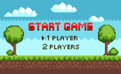 Poster - Pixel game vector, players choice 8 bit graphics of scenery for fight. Nature and sky, clouds and trees with grass, soil layers meadow, question for gamers. Pixelated video-game or app game landscape