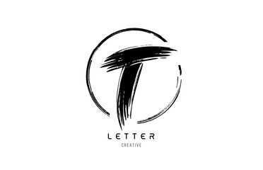 handwritten grunge T brush stroke letter alphabet logo icon design template in black and white for business