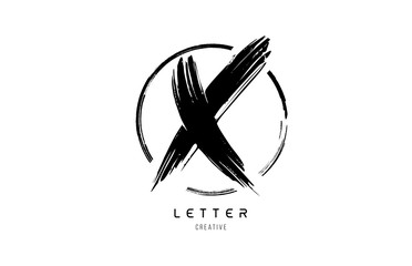 handwritten grunge X brush stroke letter alphabet logo icon design template in black and white for business