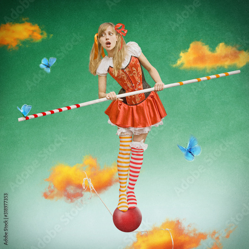 surreal fairy tale artwork, circus rope dancer balancing, beautiful model and fantasy background