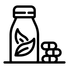 Sticker - Pills and bottle with leaves icon. Outline pills and bottle with leaves vector icon for web design isolated on white background