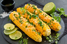 Boiled Corn With Mexican Spices, Butter, Cilantro.