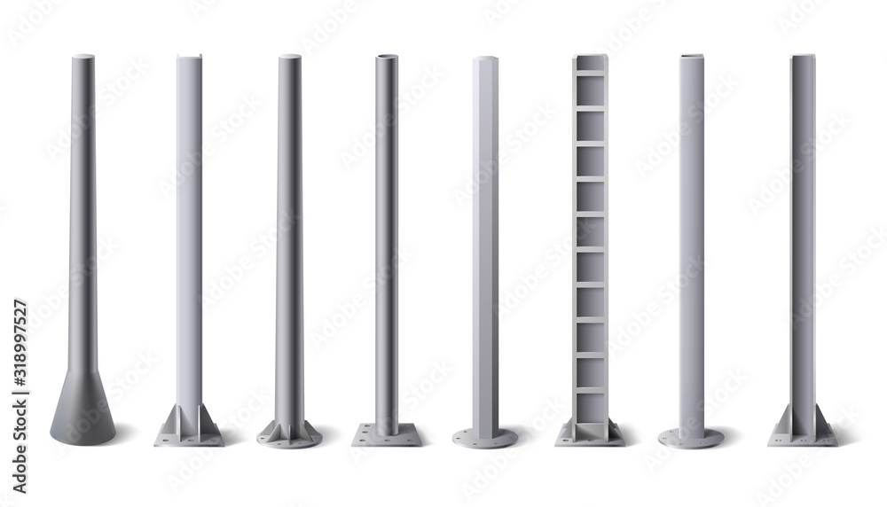Metal poles. Steel construction pole, aluminum pipes and metal column vector illustration set. Bundle of metallic vertical pillars, posts, rails for upright support in construction and engineering. - obrazy, fototapety, plakaty 