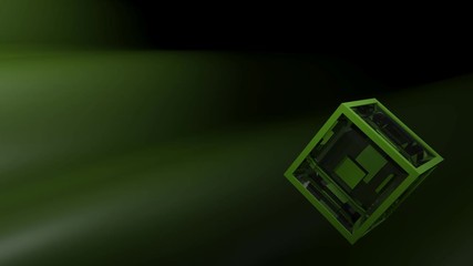 Poster - A cube having green structure and transparent glass faces is rotating over a dark green waving surface - 3D rendering illustration