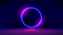 Dark Abstract Furistic Background With Circle Gate. Vector Neon Glowing Ring In Dark Room. Round Light Frame For Text. Portal To Another Universe.