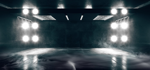 Smoke Neon Glowing Fluorescent White  Laser Lights Stage Stadium Studio Hallway Tunnel Corridor Concrete Grunge Alien Modern Empty Futuristic Sci Fi 3D Rendering