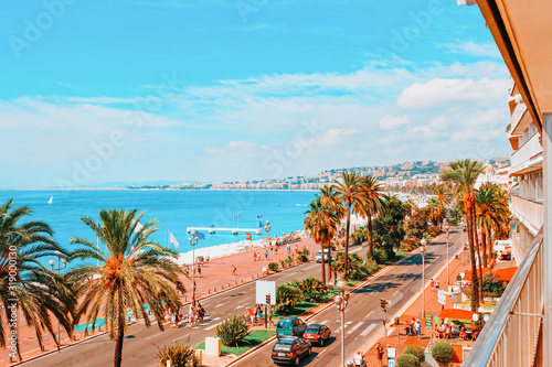 Cuadros en Lienzo English promenade of Nice, France, summer. Bay and beach view