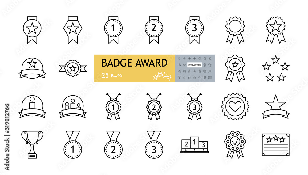 Badge award set icons. A collection of 25 linear images with an editable stroke. Medals with a star, a heart, on a garter, with a ribbon, a podium, a sports cup. Flat vector illustration on white back - obrazy, fototapety, plakaty 