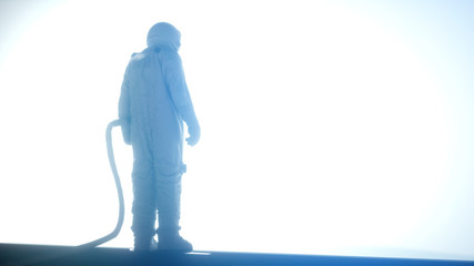 Wall Mural - alone astronaut in futuristic interior looking in the huge window. 3d illustration