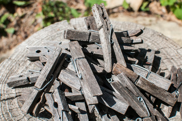 Wall Mural - Pile of weathered wooden laundry clamps closeup