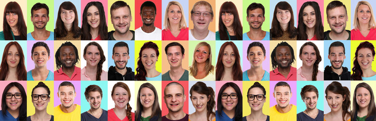 Collage group portraits of multiracial multicultural young smiling people panorama background faces