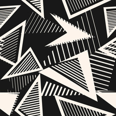 Wall Mural - Abstract black and white seamless pattern. Sport style texture with chaotic shapes, triangles, arrows, lines, stripes. Monochrome urban art style vector background. Repeat design for tileable print