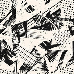 abstract monochrome grunge seamless pattern. urban art texture with paint splashes, chaotic shapes, 