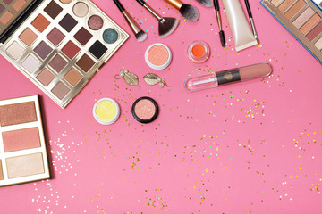 Flat lay of Makeup cosmetic product on pink background