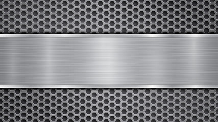 Wall Mural - Background in gray colors, consisting of a metallic perforated surface with holes and a polished plate with metal texture, glares and shiny edges