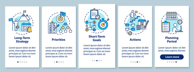 Building goals onboarding mobile app page screen with concepts. Business planning. Self-development walkthrough 5 steps graphic instructions. UI vector template with RGB color illustrations