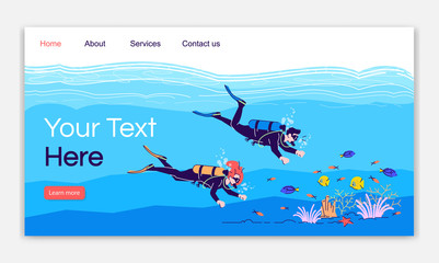 Scuba diving landing page vector template. Couple swimming underwater. Indonesia tourism website interface idea with flat illustrations. Homepage layout. Web banner, webpage cartoon concept