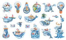 Watercolor Hand Painted Cartoon Sea Characters. Cute Lovely Fantasy Whales, Fish, Sea Star, Shark, Dolphin, Sea Horse. Perfect For Print, Pattern, Textile Design, Fabric, Poster, Travel Blog
