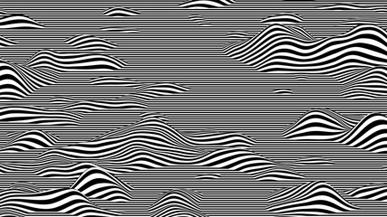 Aufkleber - Trendy 3D black and white stripes distorted backdrop. Abstract noise landscape. Procedural ripple background with optical illusion effect.