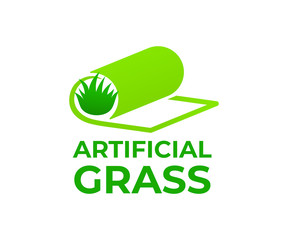 Artificial grass or turf in roll, logo design. Carpeting artificial grass and landscaping, vector design and illustration