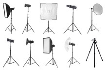 Set Of Different Professional Equipment For Photo Studio On White Background