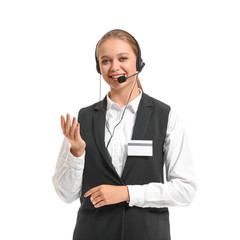 Poster - Portrait of female receptionist on white background