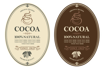 collection of labels with cocoa beans, branch and leaves