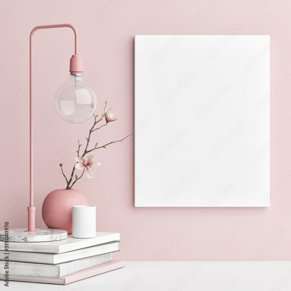Mock up poster with pink background wall - obrazy, fototapety, plakaty 
