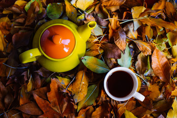 cup of tea with teapot and leaves