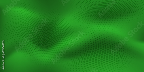 Abstract halftone background with wavy surface made of dots in green colors