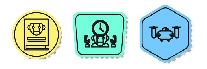 Poster - Set line User manual, Robot and digital time manager and Drone flying with action camera. Colored shapes. Vector