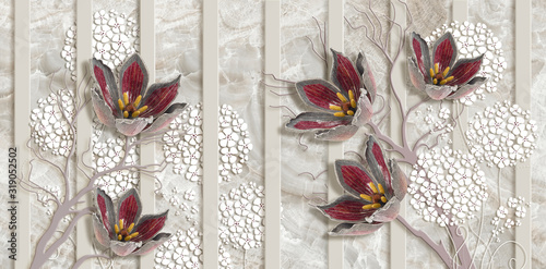 Fototapeta na wymiar 3d illustration, jewelry red flowers, vertical stripes, on beige marble background. 3d wallpaper texture.