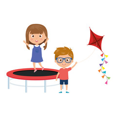 Wall Mural - cute little children with trampoline jump and kite