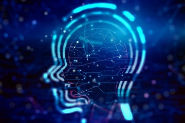 Poster - glowing silhouette of a human head on a dark blue background. artificial intelligence and neural net
