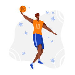 Basketball player with ball on playground, African American man playing match, guy jumps and throws the ball at goal, muscular player train in basketball, flat people - vector for poster, merch, print