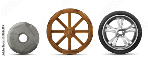 Fotomural Wheels evolution from primitive stone ring, ancient wooden to modern car tire with disk